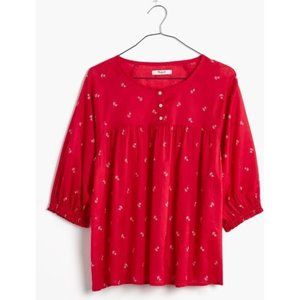 MADEWELL SHIRRED PEASANT COTTON BLOUSE TOP~BOUQUET SCATTER~RED~C9639~MEDIUM